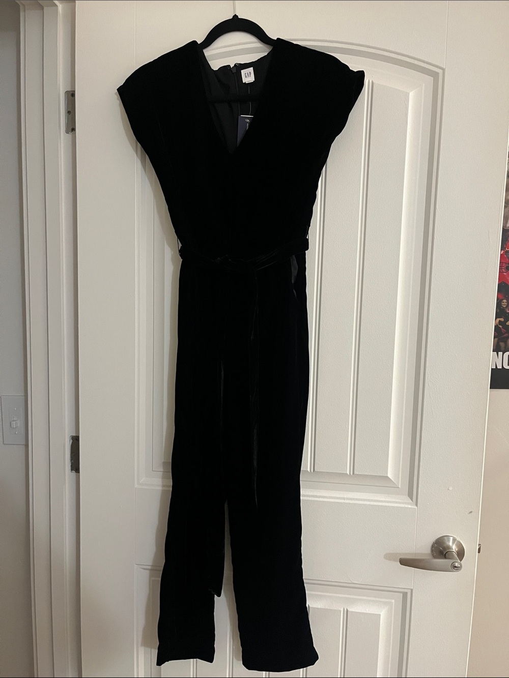 GAP Black Velvet V-Neck Jumpsuit with Waist Tie